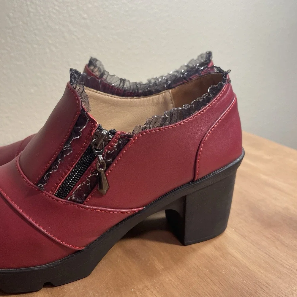 Dadawen Lace Trim Chunky Platform Shoes Faux Leather Burgundy Office Goth 11.5